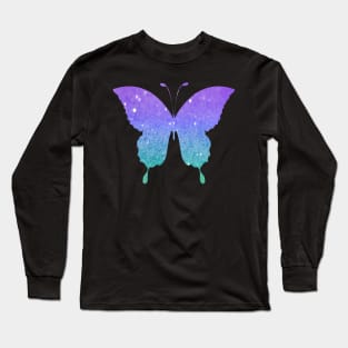 Pastel Teal and Purple Ombre Faux Glitter Butterfly Long Sleeve T-Shirt